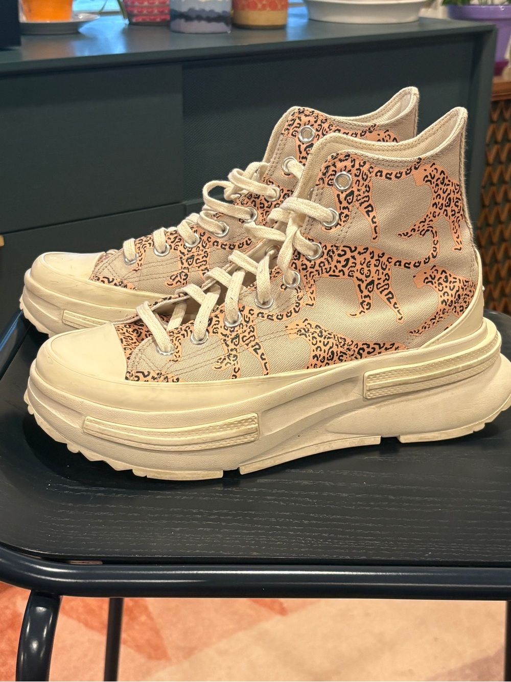 Converse High-Top Platform Sneakers in Cream Leopard Print